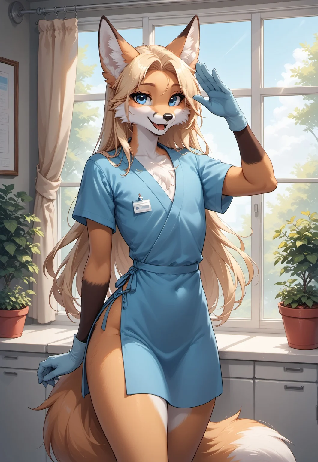 masterpiece, score_9_up, score_8_up, score_7_up, score_6_up, source_furry, (best quality:1.1), ultra-detailed, high resolution, highly detailed macro illustration, solo BREAK 1boy, girly, anthro fox, Femboy, (beautiful blue eyes:1.3), (very long eyelashes:1.2), head tilted, look at viewer, Blonde long hair, straight, black nose, fox tail, slim, Thick thighs, bottom heavy, narrow waist, (happy expression, cute face), open mouth, hospital gown, surgical gloves, (salutes:1.3) BREAK standing, intravenous drip, looking at viewer, cowboy shot BREAK indoors, hospital scenery, window, green park outside the window, day, sunny, potted plants BREAK Highly Visible, sharp focus, perfect lighting, anatomically correct, extremely detailed, high detail, Expressiveh, OverallDetail, zPDXL3