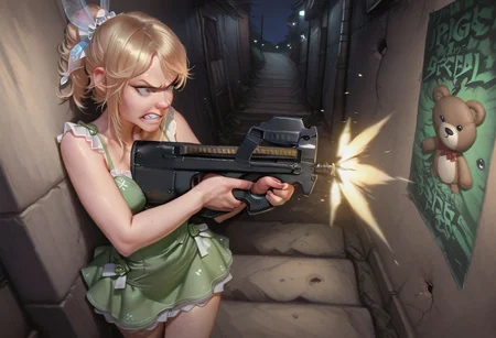 embedding:IllusP0s, artist:moriimee,  p90, submachine gun, bullpup, aiming submachine gun, Tinkerbell, Fairy, Blonde Hair, Mini dress green,outdoors, night, 1girl, solo, standing four steps away from wall, facing wall, looking at poster, clenched teeth, teddybear-poster at wall, tinkerbell firing at poster, poster has a lot of bullet holes, the wall has a lot of bullet holes, ,artist:moriimee<lora:MoriiMee_Gothic_Niji_Style_Illustrious_r1.safetensors:0.85:0.85> <lora:p90_ill.safetensors:1.0:1.0>