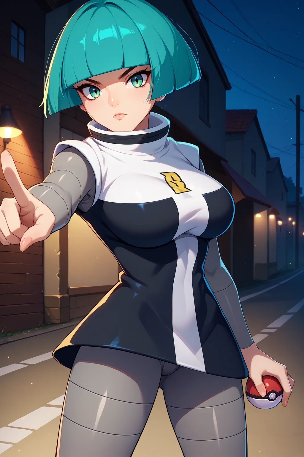 score_9, score_8_up, score_7_up, score_6_up, source_anime, 1girl, solo <lora:pkmntgg-pdxl-nvwls-v1-000005:1> pmtgg, cyan hair, short hair, blunt bangs, green eyes, black and white dress, two-tone dress, grey bodysuit, bodysuit under clothes, large breasts, holding poke ball, looking at you, serious, road, night, pointing at you