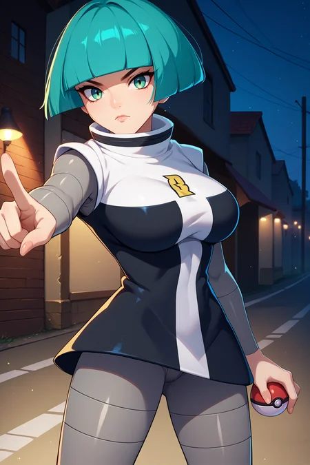 score_9, score_8_up, score_7_up, score_6_up, source_anime, 1girl, solo <lora:pkmntgg-pdxl-nvwls-v1-000005:1> pmtgg, cyan hair, short hair, blunt bangs, green eyes, black and white dress, two-tone dress, grey bodysuit, bodysuit under clothes, large breasts, holding poke ball, looking at you, serious, road, night, pointing at you