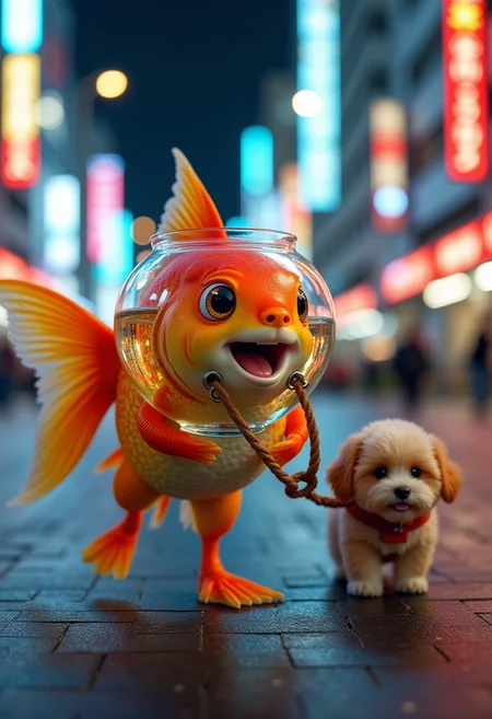 a cute happy goldfish wearing a fish bowl as breathing mask (half filled with water is walking a cute dog on the leash in the streets at night, colorful city lights, happily laughing, mouth open, cute face, walking on fins (no legs), fluffy dog in front, silly walk, ultra realistic, realism