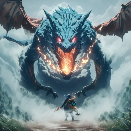 source_anime, source_game, score_9, score_7_up, (CR33P1NGF0G, fog), (no humans), 1 pokemon, bosstyle, giant, flames, breathing_fire, (charizard), charizard from pokemon, pokemon_(creature), (fire), (tail), face hidden, partially obscured, red eyes, glowing eyes, (foggy), (haze), eerie, creepy, ominous, fog, dark, night, haze, no_humans, scenery, forest, detailed background,