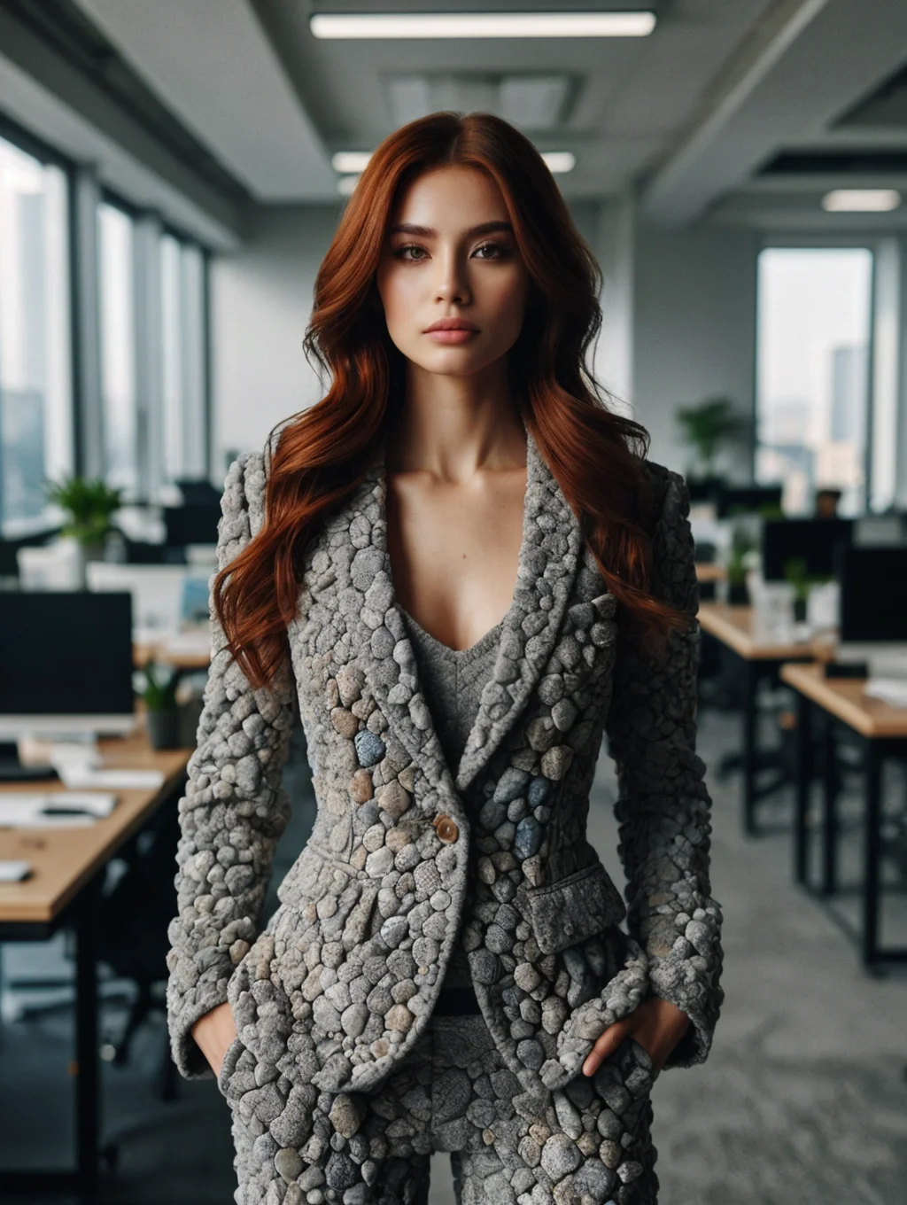RAW photo, professional posing 1girl, beautiful face, redhead long straight hair, office suit made of rocks and stone, complex office background, 8k uhd, dslr, soft lighting, high quality, film grain, Fujifilm XT3, (intricate details:0.9), (hdr, hyperdetailed:1.2)
<lora:StoneFashion:0.65> StoneFashion
<lora:pytorch_lora_weights:0.8>