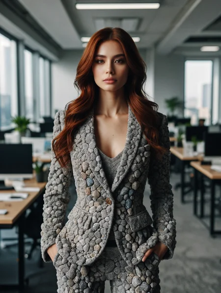RAW photo, professional posing 1girl, beautiful face, redhead long straight hair, office suit made of rocks and stone, complex office background, 8k uhd, dslr, soft lighting, high quality, film grain, Fujifilm XT3, (intricate details:0.9), (hdr, hyperdetailed:1.2)
<lora:StoneFashion:0.65> StoneFashion
<lora:pytorch_lora_weights:0.8>