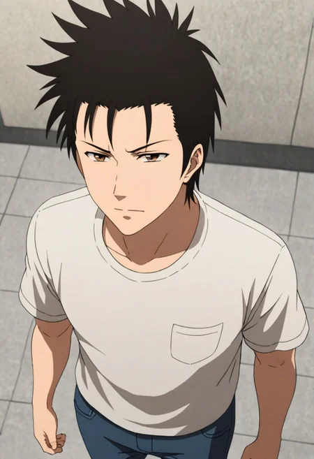 Highres, Masterpiece, High Quality, 4K, 8K, solo, 1Boy, Soujirou Agata, brown eyes, black hair, standing, straight facing upwards, casual, seen from above, arrogant face, dominant, intimidate, easynegative, detailed_eye_model
