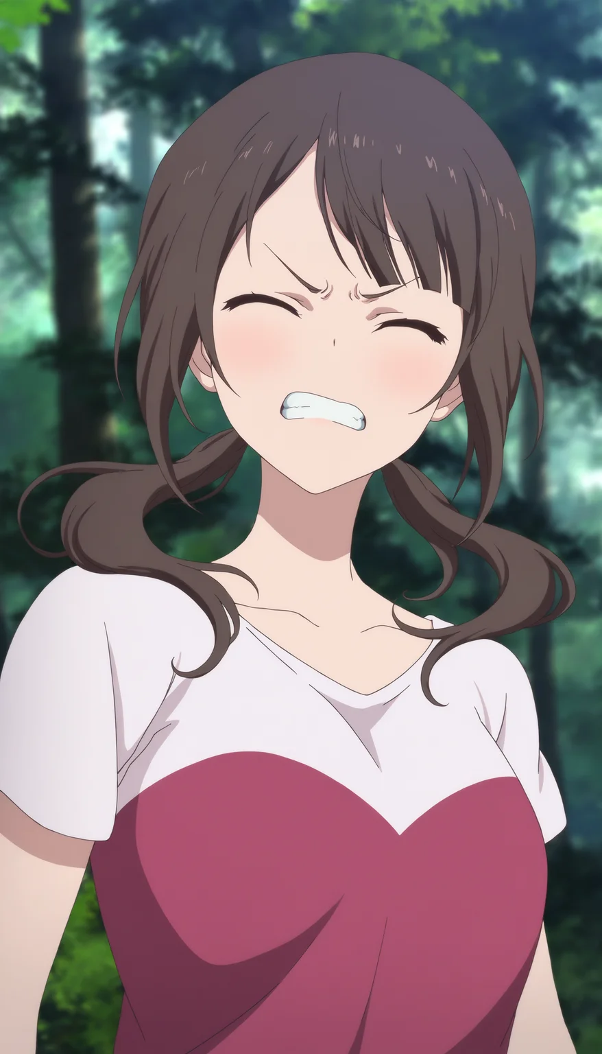 masterpiece,best quality,amazing quality,
<lora:sawaOkitaNAI:1>,sawa okita,
1girl,solo,brown hair,bangs,twintails,maroon tunic with short sleeves over a white top,face focus,close-up,closed eyes,facing viewer,angry,clenched teeth,outdoors,forest,dense greenery,depth of field,