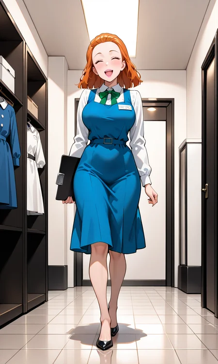 (masterpiece, best quality, ultra-detailed, very aesthetic), questionable, newest, 1girl, looking at viewer, (full body:1.3), indoor, smile, department store, closed eyes, open mouth, walking, 
 <lora:koshitani-junko:0.9> (koshitani-junko), (black eyes, orange hair, medium hair, hair slicked back, forehead, pink lips), (blue dress, pinafore dress, medium dress, white collared shirt, long sleeves, green bowtie, name tag, clipboard), (large breasts),