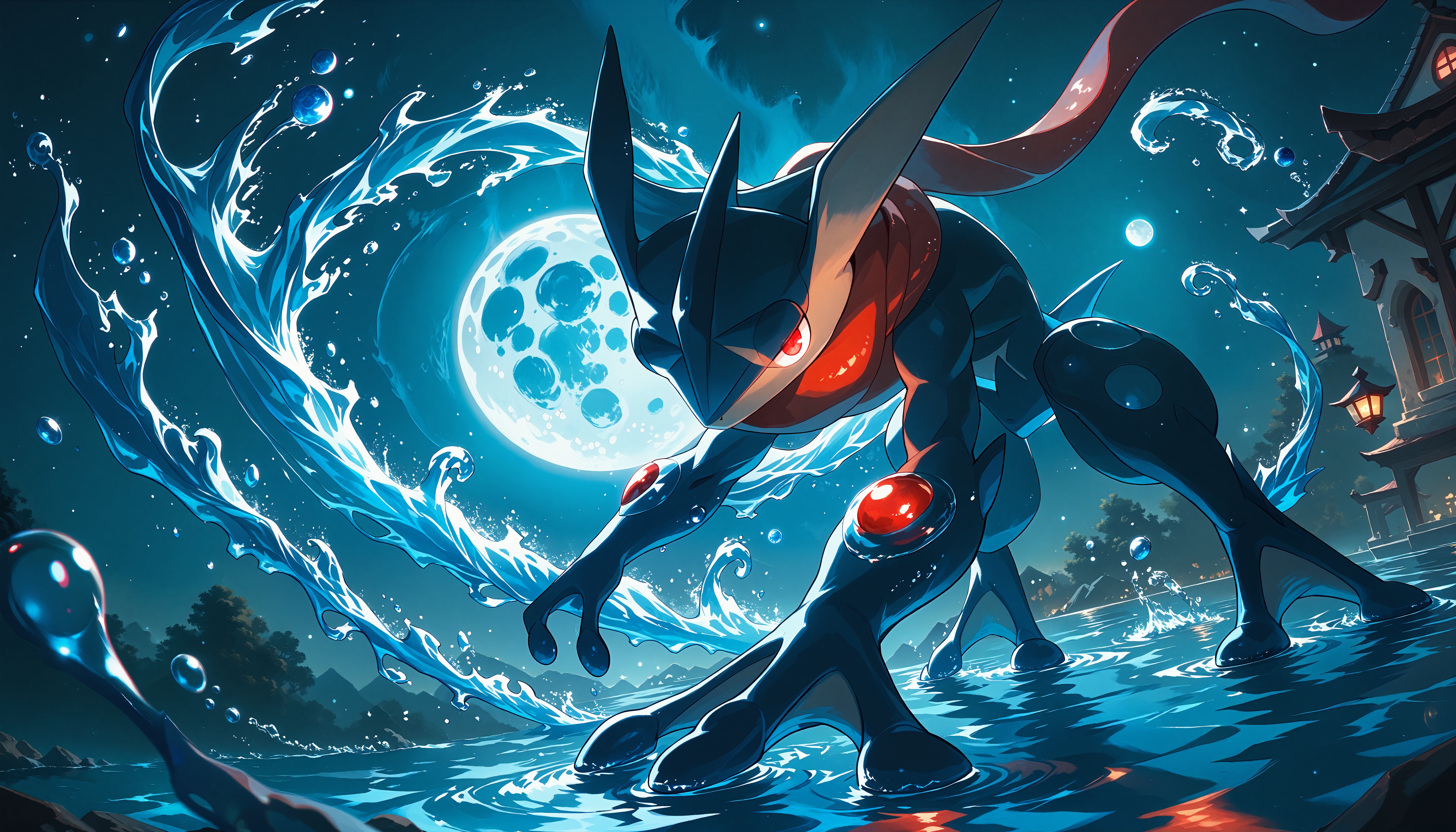 score_9,score_8_up,score_7_up,score_6_up,<lora:StS_PonyXL_Detail_Slider_v1.4_iteration_3:4>,<lora:POKEMON_GRENINJA:1>,Greninja,pokemon (creature),red eyes,glowing eyes,from below,all fours,close up,night,moon,moonlight,<lora:Water_magic_Magic_PACK:1>,watmagmb,water,Waves,Water ball,Water spiral,Water vortex,