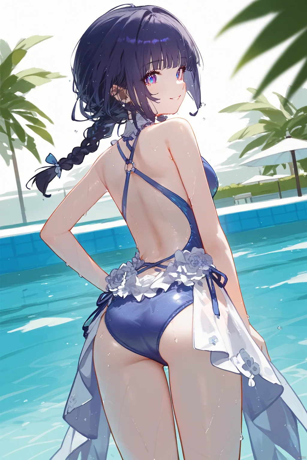 score_9, score_8_up, score_7_up, score_6_up, zPDXL, sweet girl in swiming pool, summer day, outdoor swiming pool, onepiece swimsuit, wet hair, smile, large eyes, blue eyes, slim, slender, long braid, single braid, camera from below, leg up, leg behind back, toes, feet, detailed, intricated details, camera from below, from behind, looking back, happy,
5th clothes, shiyuansw, swimsuit, 1girl, purple eyes, raiden mei, one-piece swimsuit,bangs<lora:EMS-340667-EMS:0.700000>