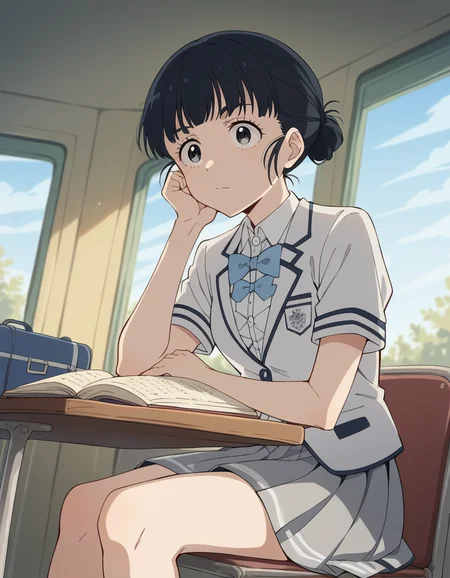 score_9, score_8_up, score_7_up, source_anime, <lora:tiara-basori-s1-ponyxl-lora-nochekaiser:1>, tiara basori, bangs, black hair, hair bun, black eyes, single hair bun,, skirt, shirt, bow, school uniform, white shirt, short sleeves, grey skirt, pleated skirt, bowtie, blue bowtie, blue bow, blazer,, airport, waiting area, suitcase, flight delayed, passengers, reading book, , , sitting, elbow rest, table,, solo,, cowboy shot, dutch angle