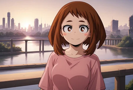 score_9, score_10, score_8, score_7, 1girl, solo, highly detailed, wide shot, ochako_uraraka, medium breasts, brown hair, brown eyes, white pupil, blush stickers, casual clothes, looking at viewer, official art, cityscape, happy, sunset, railing, leaned back, river, bridge, romantic atmosphere, ANIMESTYLE, hires, movie screenshot