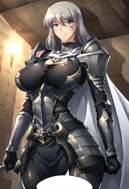 easynegative, FastNegativeV2, EasyNegativeV2, haganef, overfit style, large breasts, 1girl, solo, thicc big breasts, sexy body , big butt, big breasts, shaggy big breasts, young, big chest, <PUT OVERFIT STYLE IN NEGATIVE PROMPT>, anime, negative_hand, smile,
Teresa, blue eyes, long hair, battle uniform, Secondform, dark grey hair, black armor, black tattoo mark on face,
Knight armor, skirt armor, shoulder armor, chest breasts armor, white cape, full armor, chest armor, body suit , black cape
big breasts, shaggy big breasts, mature, young