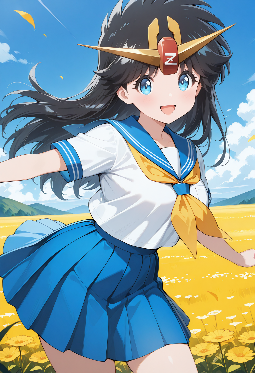 ZetaChan, v-fin, tiara, blue eyes, black hair, long hair, school uniform, serafuku, short sleeves, pleated skirt, <lora:ZetaChan_illustrious_ver1:0.8>
smile, open mouth,, masterpiece, best quality, general,, 1girl, solo, (field:1.2), (blue sky:1.2), looking at viewer,, (cowboy shot, dynamic pose:1.4),