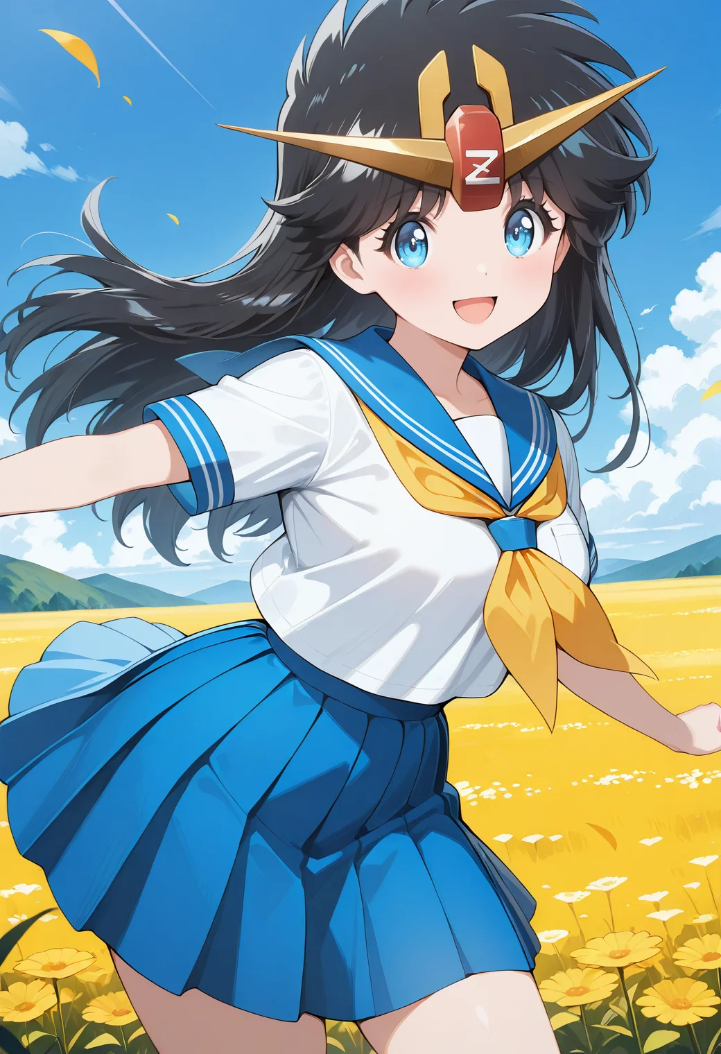 ZetaChan, v-fin, tiara, blue eyes, black hair, long hair, school uniform, serafuku, short sleeves, pleated skirt, <lora:ZetaChan_illustrious_ver1:0.8>
smile, open mouth,, masterpiece, best quality, general,, 1girl, solo, (field:1.2), (blue sky:1.2), looking at viewer,, (cowboy shot, dynamic pose:1.4),