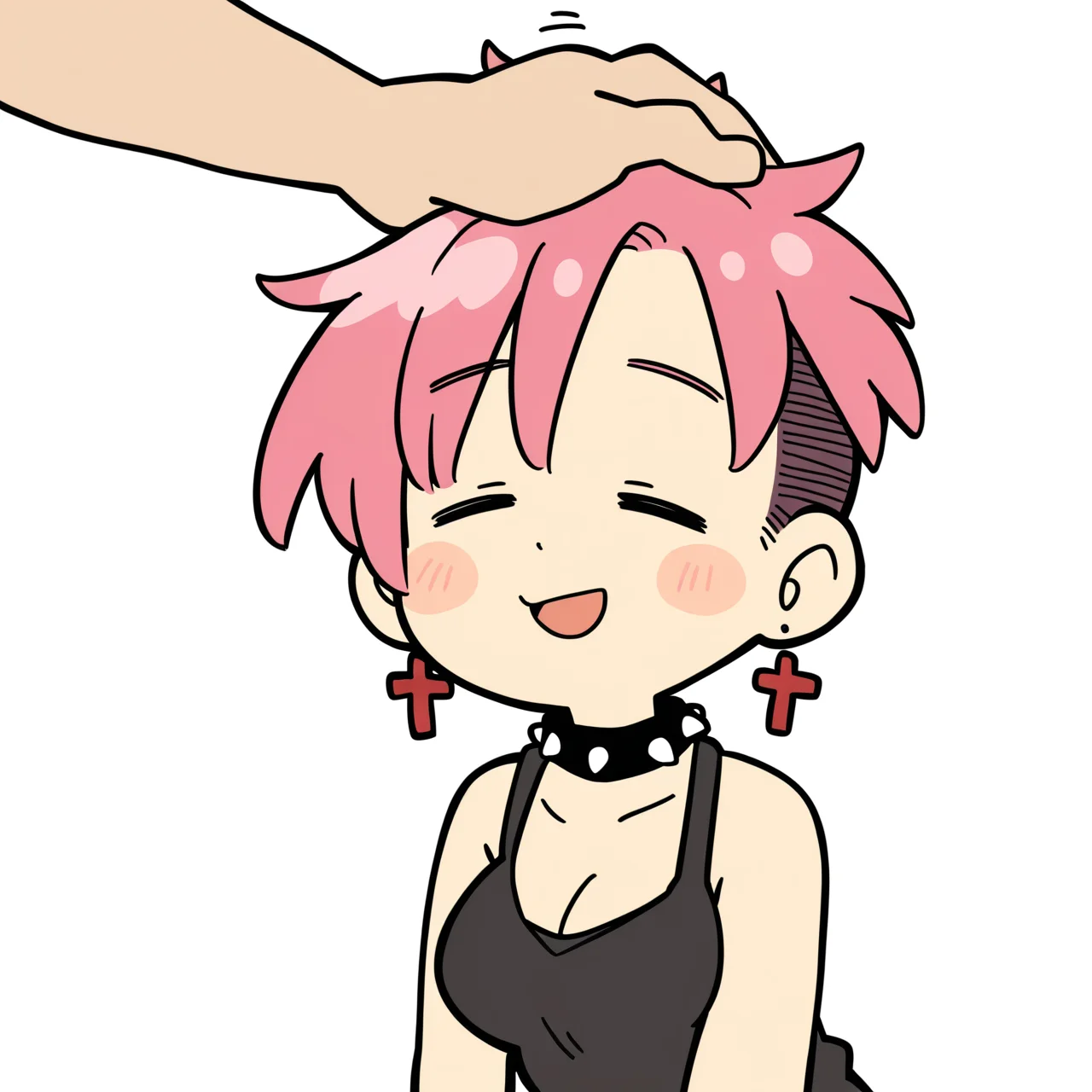 chii-kun \(seedyoulater\), naguru \(cyoroama\), oekaki, 1girl, solo, enbie girl, tomboy, smile, short hair, undercut, pink hair, spiked collar, earrings, cleavage, black shirt, tank top, headpat, closed eyes, blush, wholesome, (chibi), masterpiece, best quality, high quality, absurdres, very awa, <lora:noobaivpred075_enbie_girl:1>
