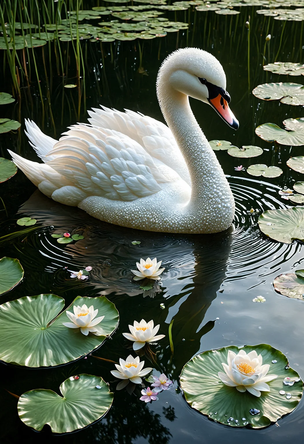 Capture a graceful Pearlum swan in a serene pond, (tranquil:1.2) lotus flowers, (floating:1.1) lily pads, (reflective:1.1) water surface, (serene:1.1) atmosphere, made out of Pearlum, <lora:Pearlum_World_Morph:1>, <lora:aidma-Image UpgraderXL-v0.1:1>, detailemaximizer, realistic,