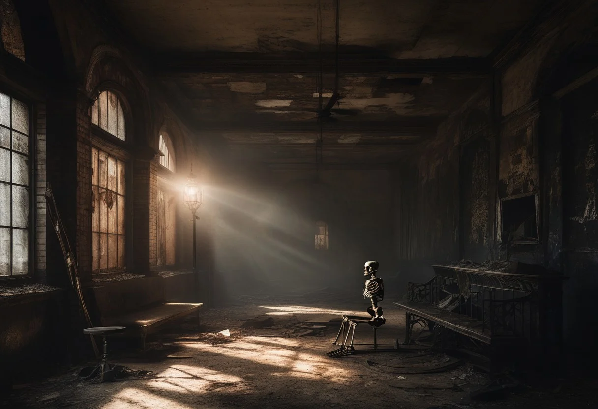 An abandoned subway station, low white lamp lightning, a shadow person exhaling black smoke sitting on a bench close to the wall, ((bench close to the wall)), a stopped destroyed and rusty train with broken windows, a sitting skeleton on the machinist seat,
BREAK,
depth of field, detailed art, realistic art, 4k, (best quality 1:1), masterpiece, intricate details,