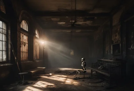 An abandoned subway station, low white lamp lightning, a shadow person exhaling black smoke sitting on a bench close to the wall, ((bench close to the wall)), a stopped destroyed and rusty train with broken windows, a sitting skeleton on the machinist seat,
BREAK,
depth of field, detailed art, realistic art, 4k, (best quality 1:1), masterpiece, intricate details,