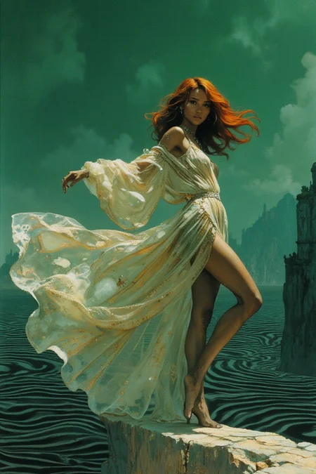 A woman with deep bronze skin and fiery red hair cascading in soft waves stands at the edge of a surreal cliff illuminated by an emerald green sky. Her Met Gala gown is a blend of couture and fantasy: an ethereal robe-like dress made of translucent fabric interwoven with shimmering golden threads, its sleeves dramatically oversized and flowing. Her pose is graceful yet dynamic: her body leans slightly forward as though in motion, one arm extended outward while the other gently grips the edge of her billowing gown, her foot delicately perched at the cliff’s edge. The ground beneath her is an optical illusion of swirling black-and-white linear waves, creating a striking contrast with her luminous outfit. Inspired by the flowing elegance of Elie Saab and the dreamlike distortions of Magritte. High quality rendering. 8K.