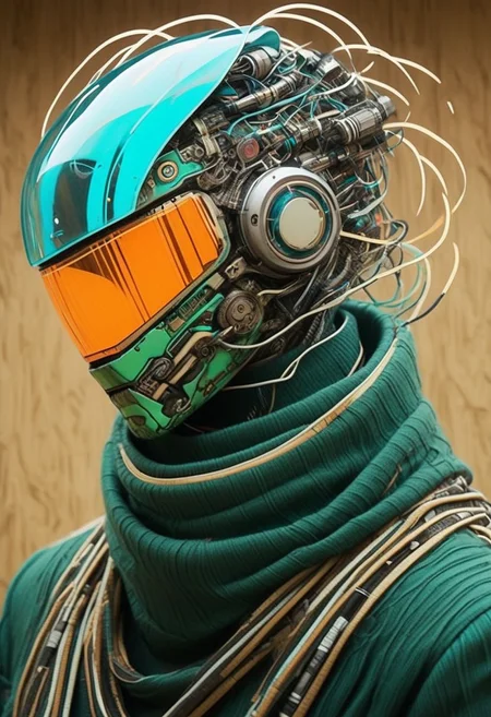 Made of bold perfect lines, Grignani, Made of lines, Striped By kentaro miura, Anime, bold lines, vivid fiery colors and Aura, wired-cyborg, mechanical parts, wires, cables, cyberpunk, Snake from Metal Gear Solid with a half robot face, outworn Pastell Linen scarf, high collar, , , cinematic composition, atmospheric haze, very detailed, flamboyant Wall Art, Cleavage,