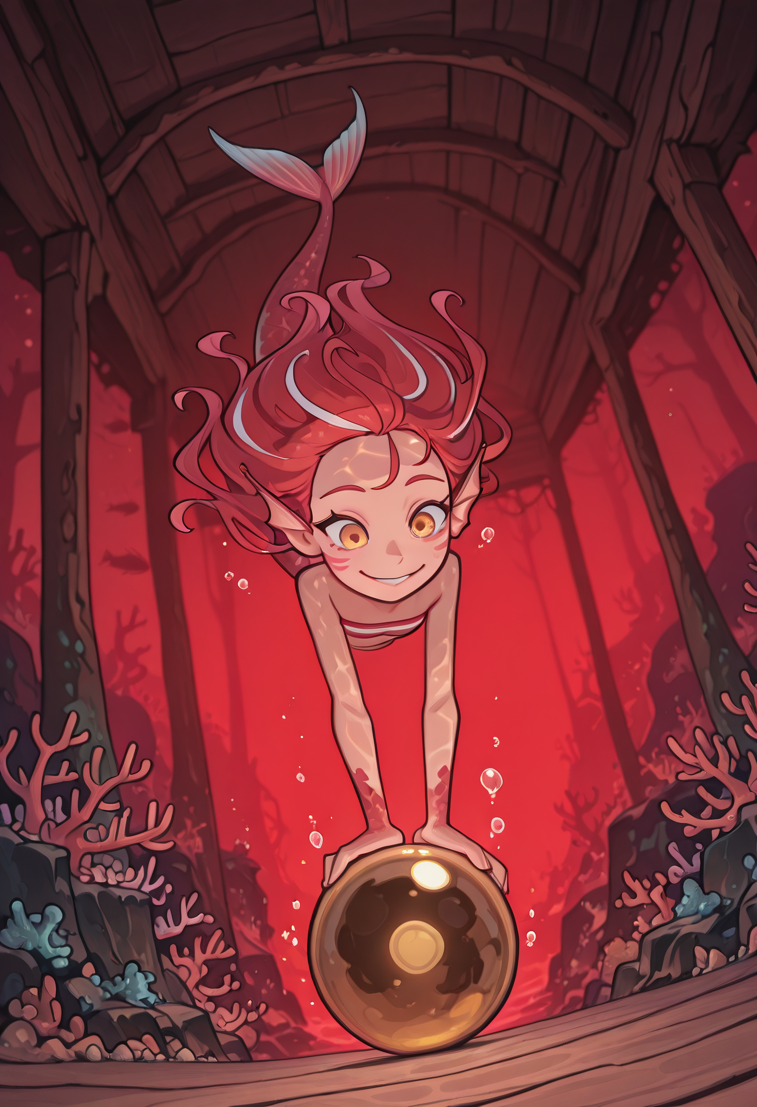 masterpiece, best quality, high resolution, very aesthetic, absurdres, dappled lighting, extreme perspective, dutch angle, 1girl, energetic lionfish mermaid woman in starfish top, messy red and white streaked floating hair, flowing in the underwater current, red and white striped scales, spiky fins, big smile, holding a golden orb from an underwater treasure chest, foreshortening, dynamic action scene, outside, background of a vibrant coral reef, <lora:Smoove_-_Bridgetoons_v2:1> smoove <lora:iro_mugen_style_b:.7> iro_mugen_illu
