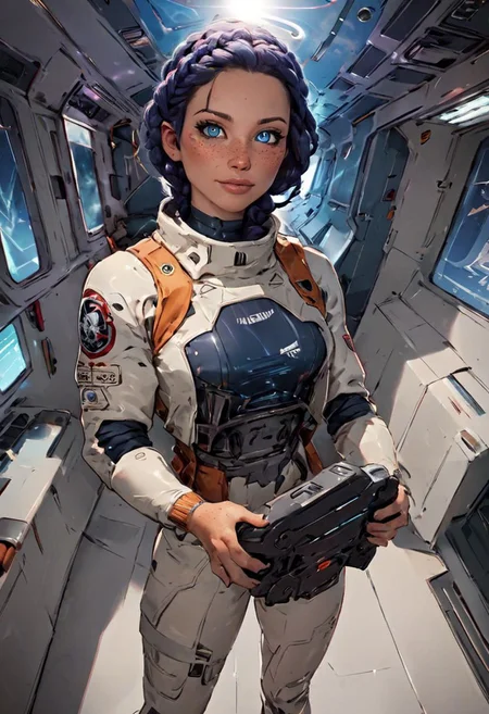 score_9,score_8_up,score_7_up,score_6_up, source_illustration, a cute thin girl with long blue braided hair, blue eyes, fair skin, freckles,wearing a (space suit:1.2), small breasts, tattoos; standing in the corridor of a spaceship, looking directly at the viewer, view from above; dimly lit, dark lighting, volumetric soft light, hazy, intricate details, rating_explicit, nostromostyleai, starship interior, space outside, grungy and worn-down spaceship corridors, no windows, nostromostyleai, m41apls, holding a pulserifle,