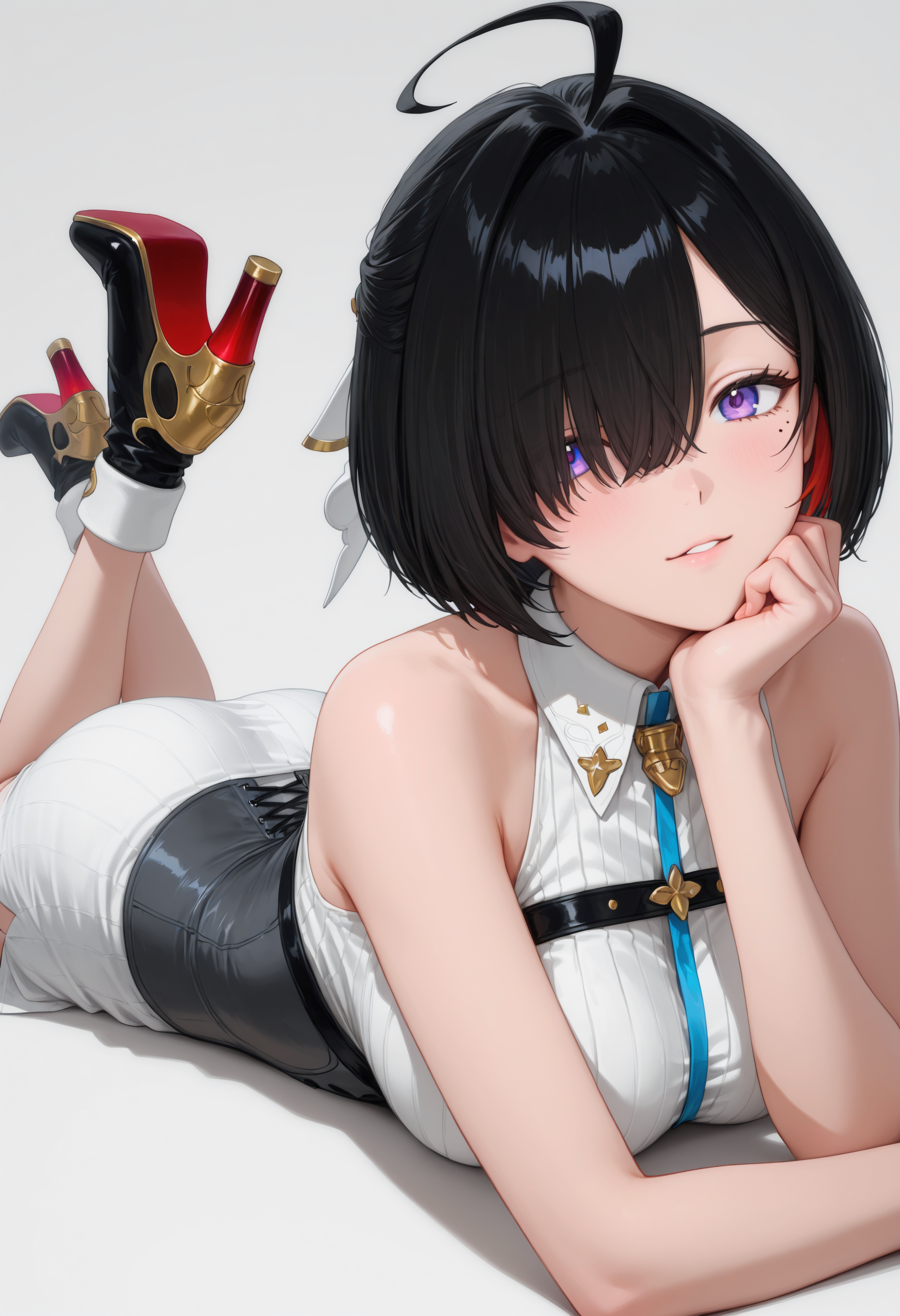 <lora:Char_Yumia_Liessfeldt:1>, purple eyes, hair over one eye, colored inner hair, black hair, red hair, bob cut, ahoge, mole under eye, hair ornament, 
white dress, collared dress, short dress, sleeveless dress, bare arms, ribbed dress, corset, 
ankle boots, high heels,
lying, on stomach, simple background, looking at viewer, hand on own chin, very awa, masterpiece, best quality, highres, absurdres