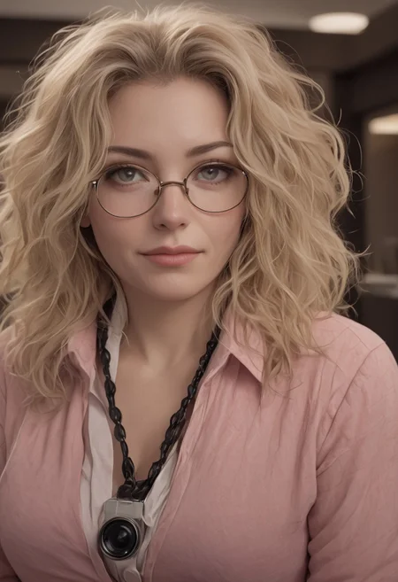 hyperrealistic,masterpiece, 1girl, realistic,chubby,,1 woman, mature woman,milf, portrait,blonde hair,fluffy hair,eyes looking down,wide-eyed, glasses,worried expression, closed mouth slight smile,hotel receptionist, behind reception dest, pink suit,cleavage, bracelet, deep-pink shirt,Hasselblad DLSR camera, 200mm Zeiss lens, f/2.8, detailed, realistic shadows, low light, soft natural light, Rembrandt style light, professional, high contrast, bright colors, intricate details, (high quality texture), (sharp), (artistic image), 8K, highly detailed, vivid, rich details,