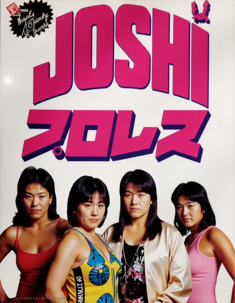 a 3D Japanese joshi (women's) professional wrestling poster from the 1980s with big pink Japanese characters at the center representing "JOSHI", and "PURORESU" (absolutely no other writing), surrounded by 6 wrestlers.