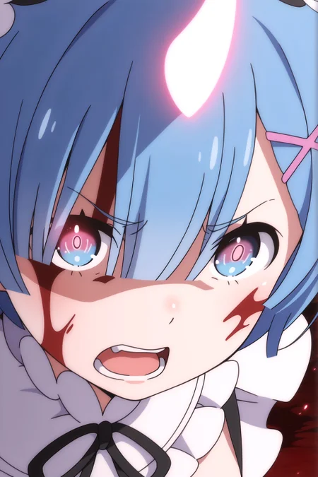 <lora:Rem:0.8> rem (re:zero), 1girl, blue hair, x-shaped hair clip, demon form, glowing horn, blood splatter, angry expression, red lighting, intense atmosphere, dark background, close-up, frilled collar, black bow tie, battle scene, glowing eyes, red eyes, blood on face, partial view,