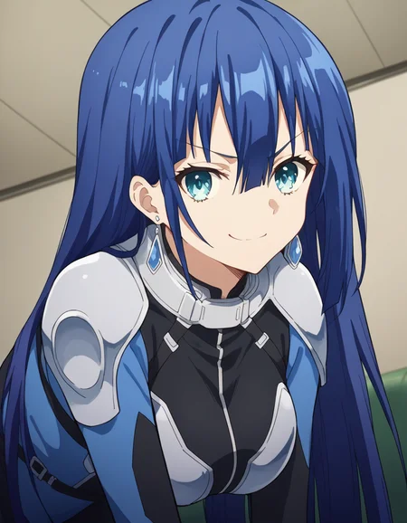 score_9, score_8_up, score_7_up, source_anime, <lora:ayano-yuugiri-s1-ponyxl-lora-nochekaiser:1>, ayano yuugiri, long hair, hair between eyes, blue eyes, blue hair, bangs,, jewelry, earrings, bodysuit, pilot suit,, indoors, bent over, smile, smug, looking at viewer, solo,, cowboy shot, dutch angle