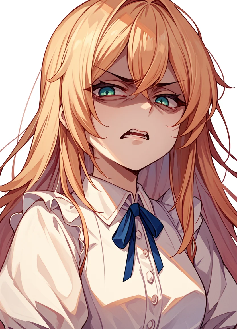 score_9,score_8_up,score_7_up,score_6_up, source_anime, <lora:disgusted_face_xl_goofy:1> disgusted face, solo, 1girl, looking at viewer, disgust, dress, upper body, white background , long hair, hair pulled back,shaded face,