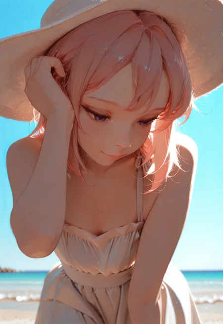 masterpiece, best quality, very aesthetic, (realistic:0.7), (flat color:0.5), 1girl, solo, CivChan, purple eyes, pink hair, thin lips, (smile:0.4), (blush:0.5), leaning forward, sun hat, looking down, hand up, straight-on, cowboy shot, beach, day, blue sky, depth of field, backlighting, usnr