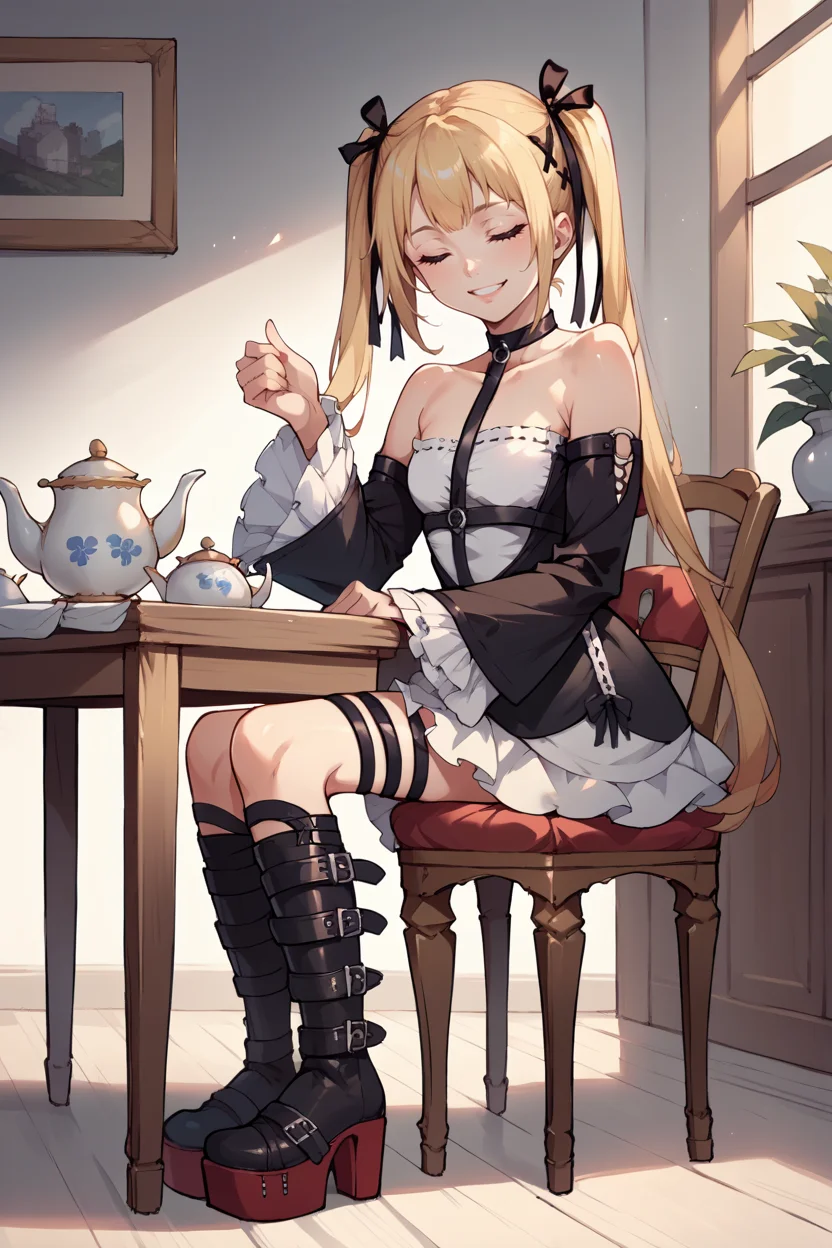 score_9, score_8_up, score_7_up, score_6_up, source_anime, BREAK 1girl <lora:marierose-pdxl-nvwls-v1-000006:1> doamarie, blonde hair, twintails, hair ornament, hair ribbon, choker, harness, black skirt, black and white dress, detached sleeves, black sleeves, thigh strap, platform boots, sitting, table, chair, teapot, smile, closed eyes