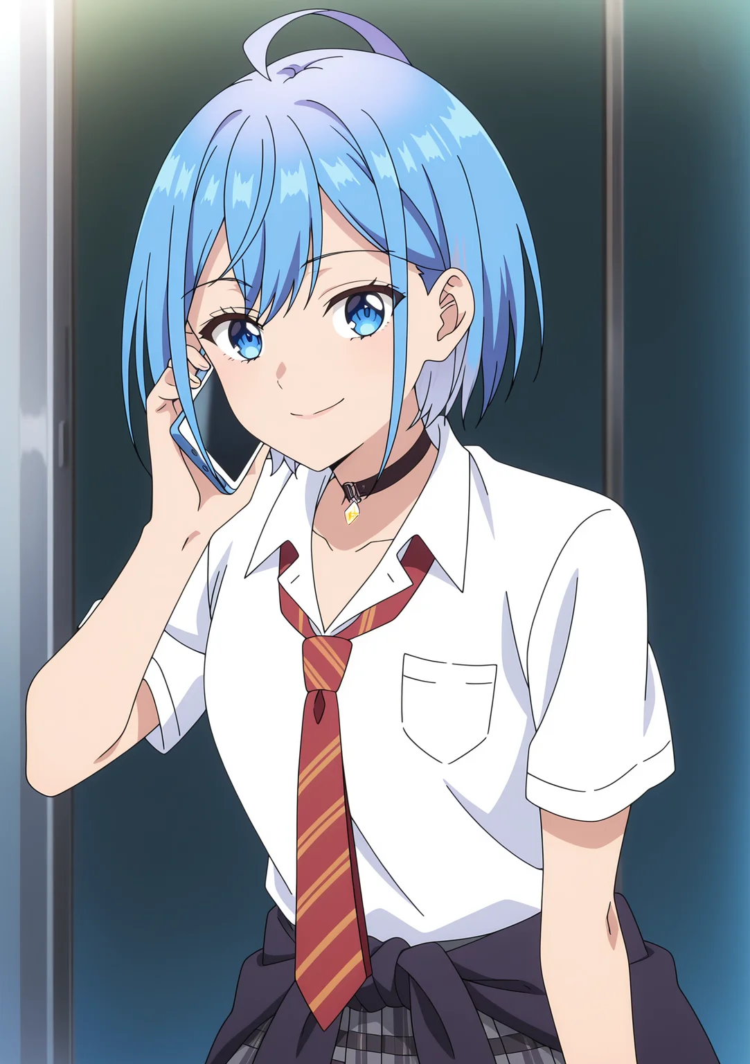 detailed background, official style,anime coloring, (anime screencap) masterpiece, detailed face,1girl <lora:Himari_Inuzuka__Can_a_Boy-Girl_Friendship_Survive:0.8>Himari, blue eyes, solo, blue hair, necktie, skirt, ahoge, red necktie, shirt, smile, choker, white shirt, short hair, school uniform, collared shirt, short sleeves, plaid skirt, pleated skirt, phone, bangs, closed mouth, black choker, grey skirt, looking at viewer, clothes around waist, plaid, cellphone, striped