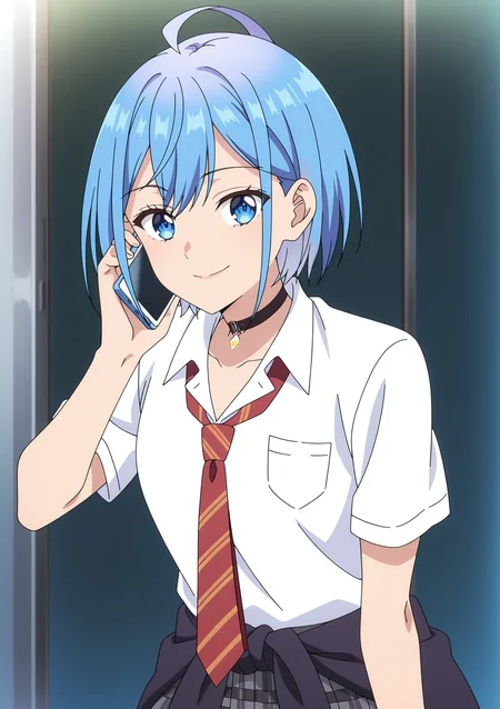 detailed background, official style,anime coloring, (anime screencap) masterpiece, detailed face,1girl <lora:Himari_Inuzuka__Can_a_Boy-Girl_Friendship_Survive:0.8>Himari, blue eyes, solo, blue hair, necktie, skirt, ahoge, red necktie, shirt, smile, choker, white shirt, short hair, school uniform, collared shirt, short sleeves, plaid skirt, pleated skirt, phone, bangs, closed mouth, black choker, grey skirt, looking at viewer, clothes around waist, plaid, cellphone, striped