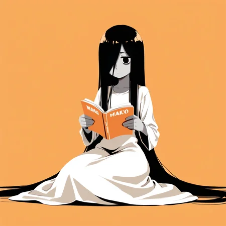 score_9, score_8_up, score_7_up,score_6_up,best quality, hires,
[realistic::0.1]
[(limited palette, flat color:1.5)::0.5], (light orange background:1.3),
yamamura sadako,1girl,solo, black hair,long hair, straight hair, long bangs,hair over one eye,black eyes, expressionless, jitome,looking down, 
white spooky dress, white simple dress,long sleeves, skinny, gray skin,on floor,sitting, (reading magazine:1.3)
<lora:No_outline-Pony:0:1>,<lora:Fixhands_anime_bdsqlsz_V1:1:lbw=ALL:stop=5>
