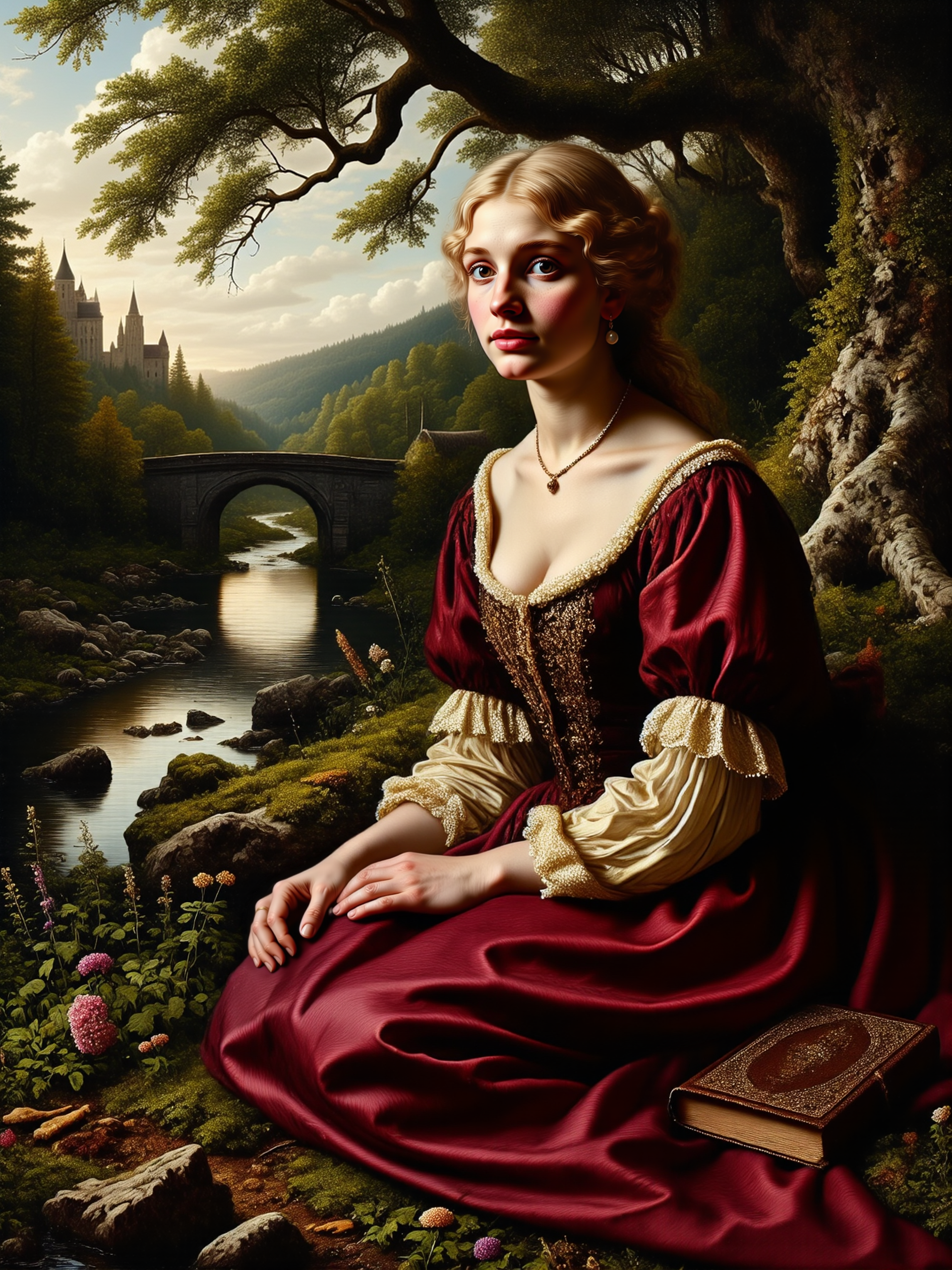 highly detailed, 17th century northern european setting, style of rembrandt-inspired painting, blending classic portraiture with a scenic landscape, soft chiaroscuro lighting, rich textures and shadows, the scene captures a peaceful riverside, with a lush, tranquil setting, a gentle river flowing through the landscape, surrounded by a mix of dense, green foliage and flowers, in the foreground, an elegant princess, kneeling beside a mossy, gnarled tree, her exquisite burgundy gown pooled around her, the ground around her covered in various patches of small wildflowers, in the background, rolling hills slope down toward the river, where delicate ripples reflect the surrounding landscape, a quaint medieval stone bridge is visible further down the river, and beyond that, a faint castle silhouette rises on the horizon, creating a sense of distance and nostalgia, the princess is the primary focus, embodying a serene, daydreaming expression as she gazes across the river in a quiet moment of reflection, her luxurious burgundy gown is richly embroidered with silver and gold, soft, intricate lace trims the neckline and sleeves, she wears delicate jewelry on her wrists and neck, and her light blonde hair is styled in an elegant braid, a small ornate book rests closed on her lap, she seems lost in thought, the image is a mid-range shot with a slightly low angle, capturing her form in full and placing the viewer at a respectful, admiring distance, the background unfolds in layers, blending seamlessly with her contemplative pose, soft, diffused light filters through the treeâs branches, casting dappled shadows on the scene, subtle highlights play across her gownâs fabric, adding depth and warmth, a gentle glow suffuses the river, reflecting the golden hour, traditional oil on canvas, using layered brushstrokes to enhance texture, and capturing the interplay of light and shadow in a masterful, painterly style, dappled lighting, very detailed background, masterful composition, perfect delicate hands, <lora:style-rembrandt-flux-by_tangbohu:0.8> <lora:style-classic_paint-flux-by_andreac75:0.48> <lora:image_enhancer-flux-by_dever:1.0>