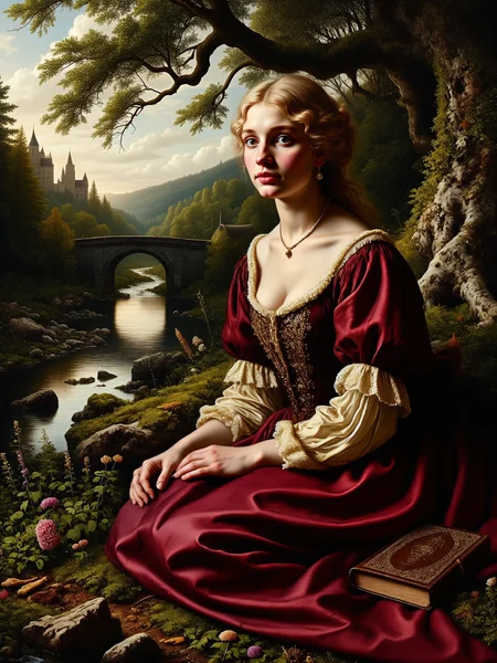 highly detailed, 17th century northern european setting, style of rembrandt-inspired painting, blending classic portraiture with a scenic landscape, soft chiaroscuro lighting, rich textures and shadows, the scene captures a peaceful riverside, with a lush, tranquil setting, a gentle river flowing through the landscape, surrounded by a mix of dense, green foliage and flowers, in the foreground, an elegant princess, kneeling beside a mossy, gnarled tree, her exquisite burgundy gown pooled around her, the ground around her covered in various patches of small wildflowers, in the background, rolling hills slope down toward the river, where delicate ripples reflect the surrounding landscape, a quaint medieval stone bridge is visible further down the river, and beyond that, a faint castle silhouette rises on the horizon, creating a sense of distance and nostalgia, the princess is the primary focus, embodying a serene, daydreaming expression as she gazes across the river in a quiet moment of reflection, her luxurious burgundy gown is richly embroidered with silver and gold, soft, intricate lace trims the neckline and sleeves, she wears delicate jewelry on her wrists and neck, and her light blonde hair is styled in an elegant braid, a small ornate book rests closed on her lap, she seems lost in thought, the image is a mid-range shot with a slightly low angle, capturing her form in full and placing the viewer at a respectful, admiring distance, the background unfolds in layers, blending seamlessly with her contemplative pose, soft, diffused light filters through the treeâs branches, casting dappled shadows on the scene, subtle highlights play across her gownâs fabric, adding depth and warmth, a gentle glow suffuses the river, reflecting the golden hour, traditional oil on canvas, using layered brushstrokes to enhance texture, and capturing the interplay of light and shadow in a masterful, painterly style, dappled lighting, very detailed background, masterful composition, perfect delicate hands, <lora:style-rembrandt-flux-by_tangbohu:0.8> <lora:style-classic_paint-flux-by_andreac75:0.48> <lora:image_enhancer-flux-by_dever:1.0>