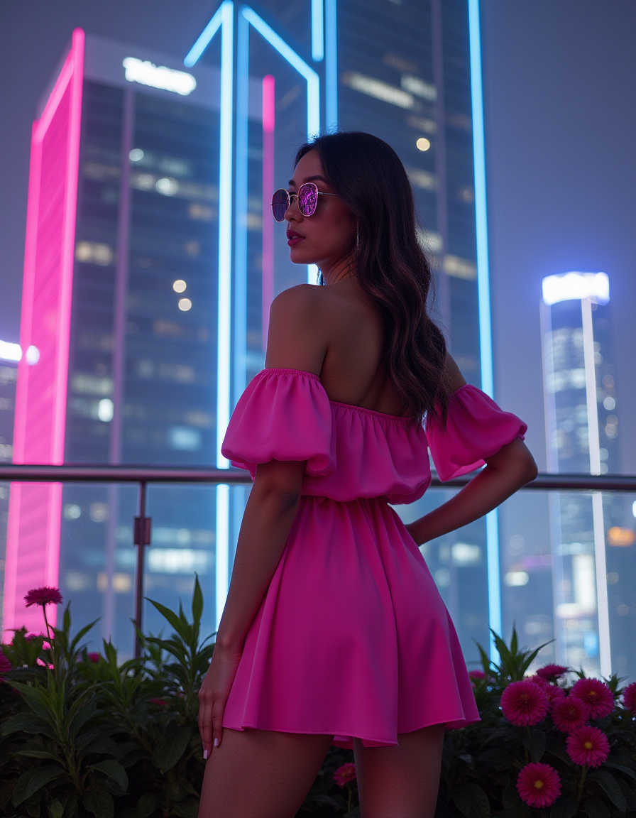 In a futuristic, neon-lit skyscraper, a woman wearing a pink short off-the-shoulder romper with ruffled sleeves stands at the edge of a rooftop garden, gazing out at the city skyline. The camera is positioned low to the ground, looking up at her from directly below, with the city lights reflected in her mirrored sunglasses. Ultra-sharp lines and details create a sense of depth and dimensionality.