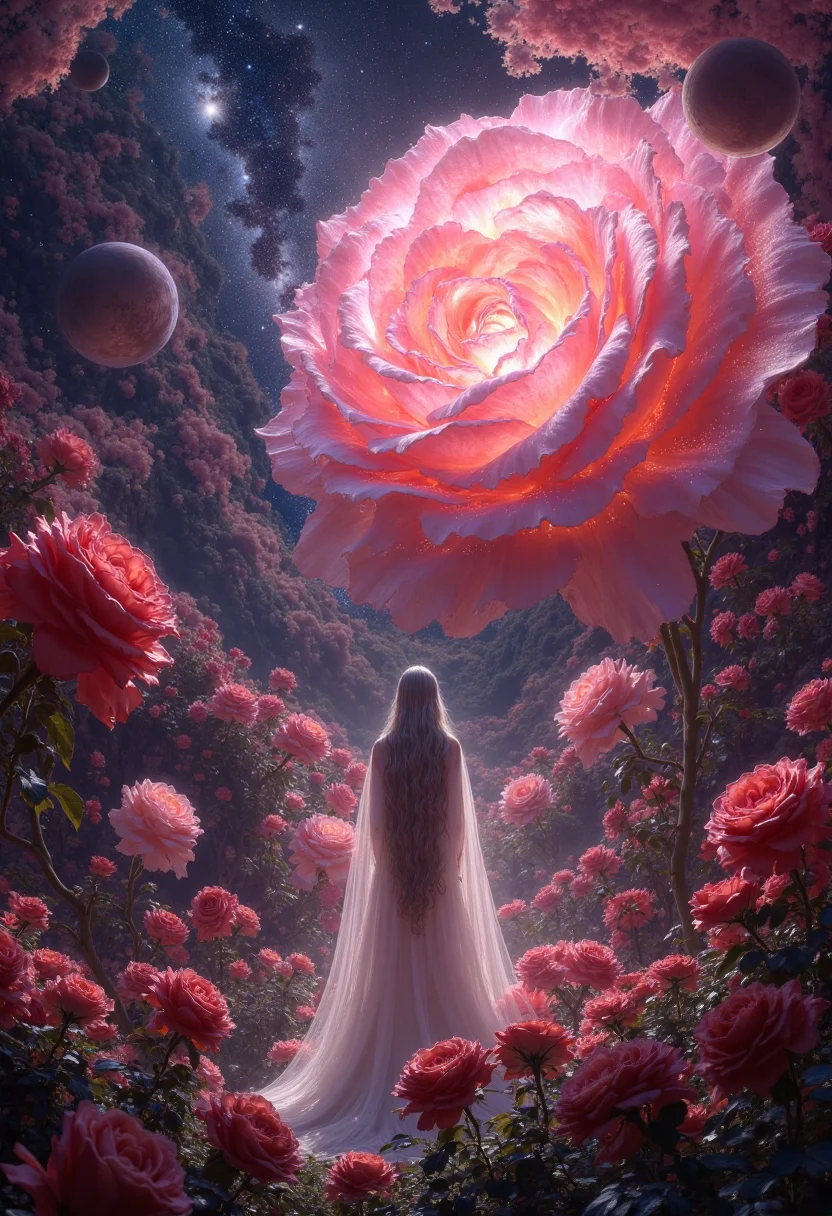 　 Deep within a swirling nebula, painted with hues of crimson and violet, a celestial garden blooms in silent majesty. Colossal roses, their petals woven from shimmering stardust and incandescent nebula gas, unfurl in a breathtaking display of cosmic beauty. Each rose, dwarfing even the largest planets, pulses with a soft, ethereal light, their petals swirling and shifting in a slow, graceful dance, like celestial ballerinas pirouetting across a cosmic stage. 

Delicate tendrils of stardust, laced with shimmering particles, reach out from the roses, intertwining and forming a luminous tapestry that stretches across the nebula, a celestial web woven from light and cosmic dust. The air hums with a soft, intoxicating fragrance, a symphony of cosmic scents that blend the sweet, intoxicating aroma of roses with the crisp, metallic tang of stardust, a unique perfume for the senses of the soul.

At the heart of this mesmerizing garden, bathed in the ethereal glow of the celestial roses, stands a woman with long, flowing silver hair that cascades down her back like a waterfall of moonlight. Her eyes, deep pools of liquid silver, gaze upwards, lost in the swirling nebula above, reflecting the cosmic dance of the celestial roses. Her presence, a fragile silhouette against the backdrop of cosmic grandeur, speaks of the enduring beauty and fragility of life in the face of the vastness of the universe, a silent serenade to the eternal dance of creation and destruction. 