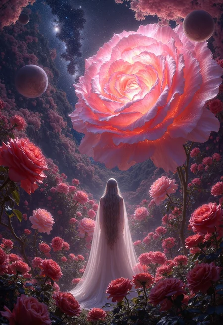 Deep within a swirling nebula, painted with hues of crimson and violet, a celestial garden blooms in silent majesty. Colossal roses, their petals woven from shimmering stardust and incandescent nebula gas, unfurl in a breathtaking display of cosmic beauty. Each rose, dwarfing even the largest planets, pulses with a soft, ethereal light, their petals swirling and shifting in a slow, graceful dance, like celestial ballerinas pirouetting across a cosmic stage.
Delicate tendrils of stardust, laced with shimmering particles, reach out from the roses, intertwining and forming a luminous tapestry that stretches across the nebula, a celestial web woven from light and cosmic dust. The air hums with a soft, intoxicating fragrance, a symphony of cosmic scents that blend the sweet, intoxicating aroma of roses with the crisp, metallic tang of stardust, a unique perfume for the senses of the soul.
At the heart of this mesmerizing garden, bathed in the ethereal glow of the celestial roses, stands a woman with long, flowing silver hair that cascades down her back like a waterfall of moonlight. Her eyes, deep pools of liquid silver, gaze upwards, lost in the swirling nebula above, reflecting the cosmic dance of the celestial roses. Her presence, a fragile silhouette against the backdrop of cosmic grandeur, speaks of the enduring beauty and fragility of life in the face of the vastness of the universe, a silent serenade to the eternal dance of creation and destruction.