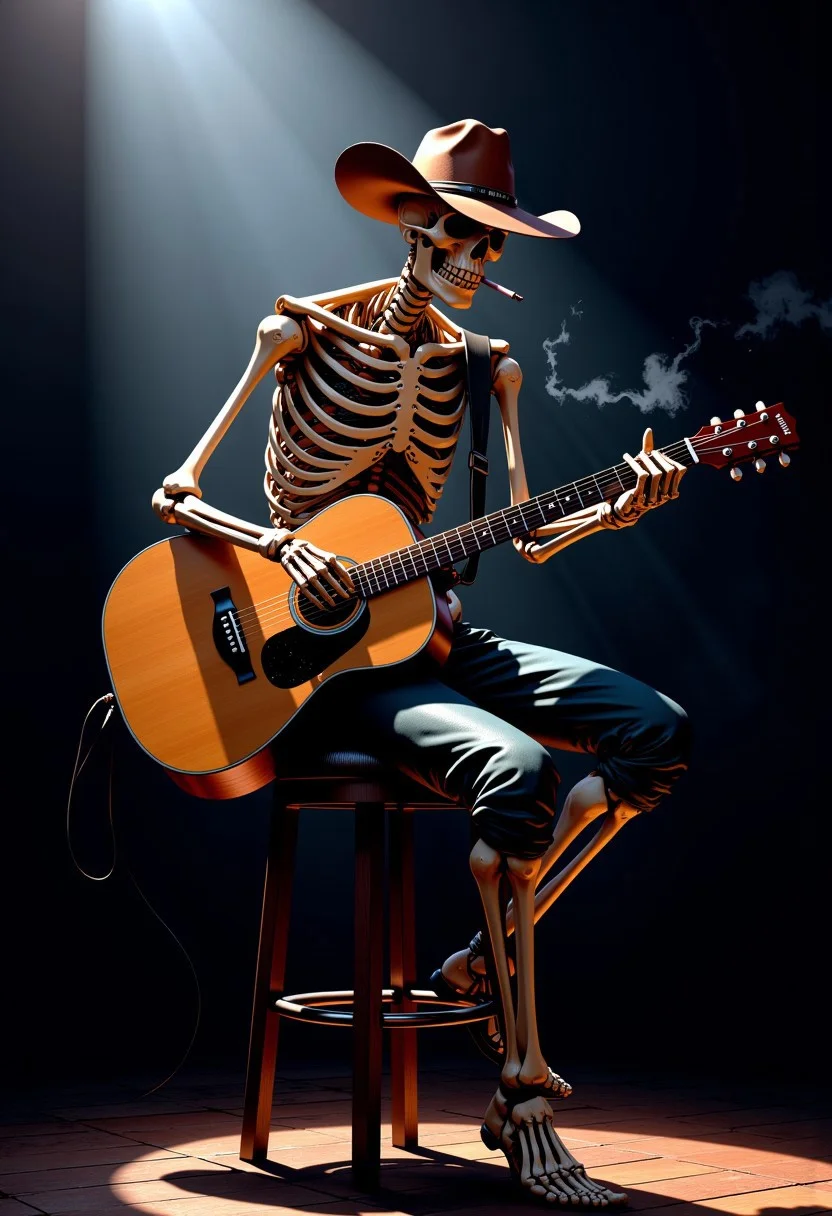 Skeleton wearing a cowboy hat, cigarette between teeth, sitting on a barstool on stage, in the spotlight, playing an acoustic guitar.,
4k, (best quality:1.5), extremely detailed, dynamic, beautiful composition, cinematic film still