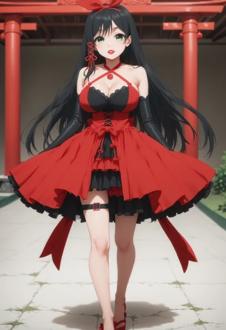 score_9, detailed, (detailed face), cute face, detailed eyes, 1woman, mature woman, 20yo, teeth, solo, looking at viewer, masterpiece, best quality, large breasts, sunshine, makeup, lipstick, looking at viewer, 
 <lora:SteelLadyNanaseDress>,  SteelLadyNanaseDress, (two colored dress, black dress. red dress), frilled dress, criss-cross halter,  (crosslace corset),  thigh straps, black elbow gloves,  glossy gloves, bare shoulders, red highheels,red bow, 
<lora:amagami_yae_pdxl_goofy:1.0>, green eyes,long hair, black hair, red ribbon, hair ribbon, shrine,walking in front of a shrine,