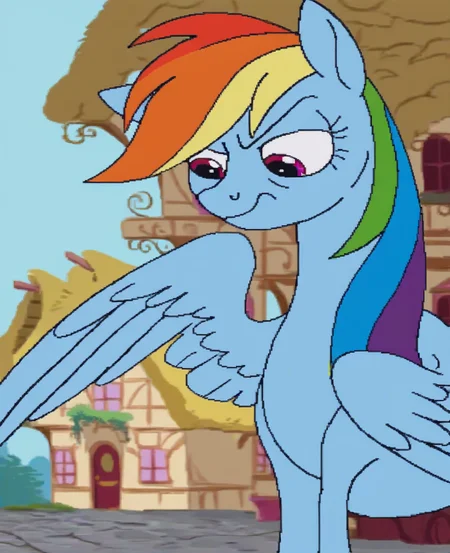 score_9, score_8_up, score_7_up, score_6_up, score_5_up, score_4_up, source_pony, indoors, 2D, flat shading, flat color, jaggy lines, solo, rainbow dash \(mlp\), equid, equine, horse, mammal, mythological creature, mythological equine, pegasus, pony, blue body, blue wings, cutie mark, female, hair, mane, multicolored hair, multicolored mane, multicolored tail, solo, tail, wings, outside, ponyville, rainbow mane, 
 <lora:cdi_pdxl_:1>