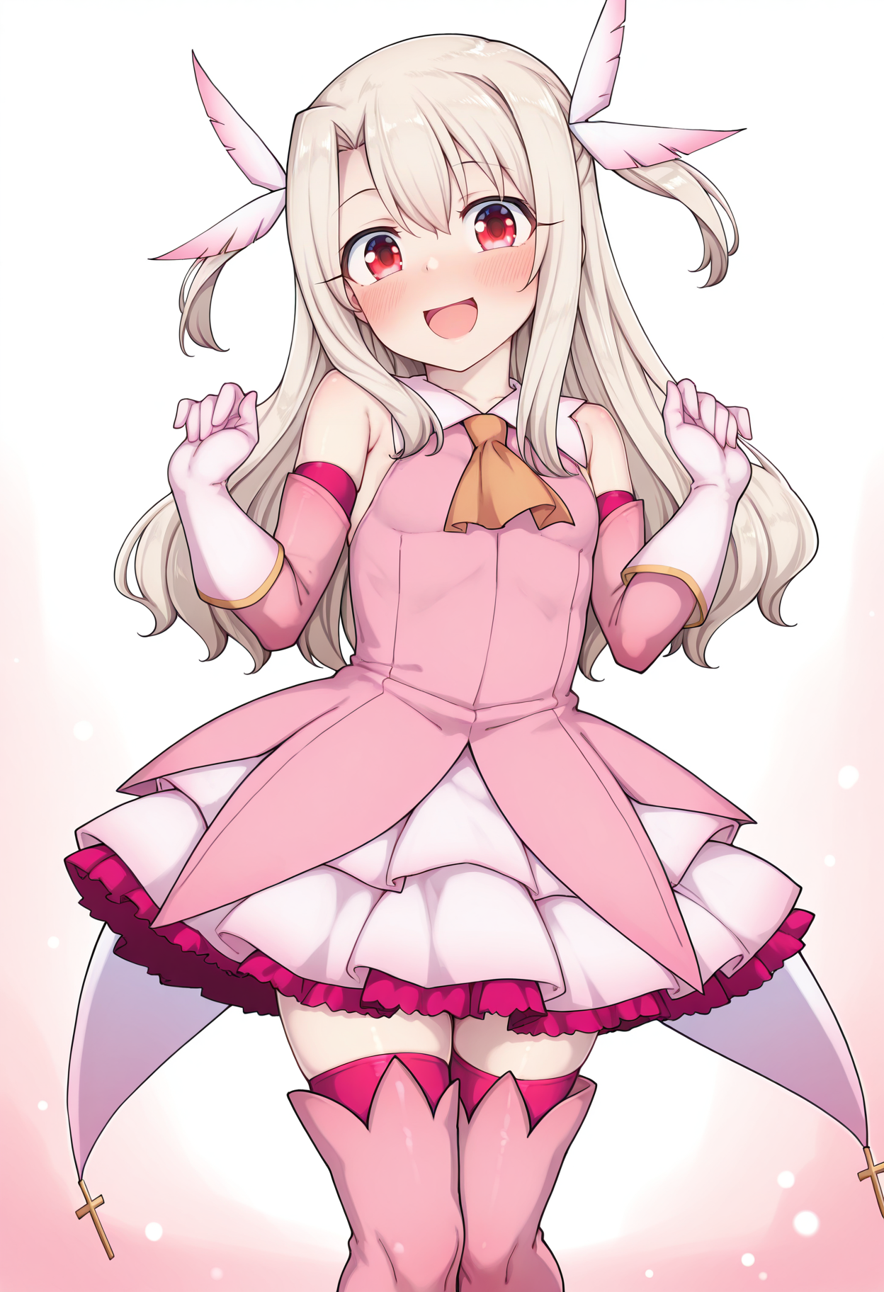highres, best quality, masterpiece,
1girl, solo, illyasviel von einzbern, 
white hair, red eyes, long hair, two side up, feather hair ornament, pink dress, elbow gloves, magical girl, pink thigh boots,
looking at viewer, blush, smile, open mouth,
standing, hands up,
<lora:Illya_Illus_neclordx:0.2> 
<lora:_pechimaru-sty-elesico-ilxl-29:1.2>