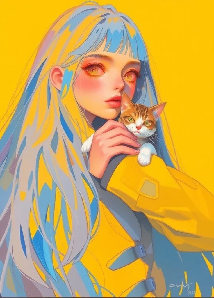 oil painting, long hair, 1girl, original, animal, jacket, multicolored hair, :o, yellow jacket, holding animal, two-tone hair, yellow eyes, sfw, yellow theme, animal on shoulder, lips, looking at viewer, upper_body, yellow background, eyebrows_visible_through_hair, yellow theme background, bangs, multicolored background, star_(symbol), animal focus, blue hair, holding, two-tone background, blue theme, solo, upper_teeth, teeth, long sleeves, blue_eyes, long puffy sleeves, hand on own chest, blue background, hair between eyes, hand on another's head, fur_trim