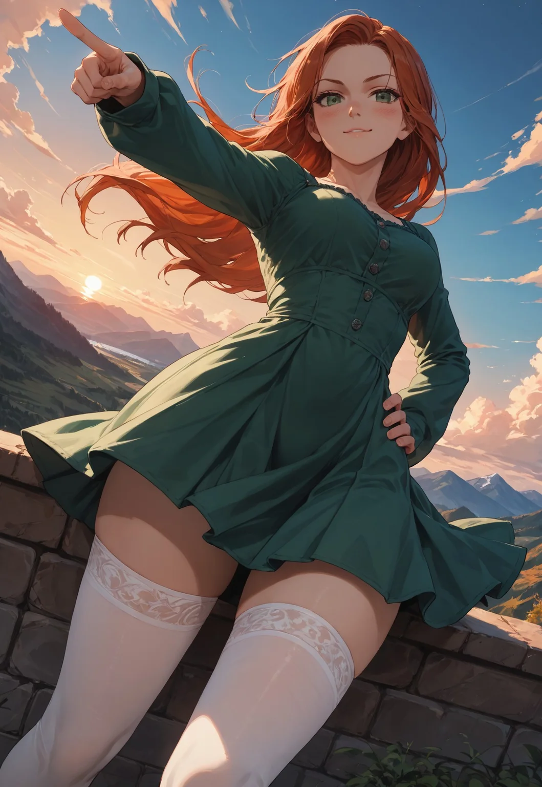safe_pos, (score_9, score_8_up, score_7_up), zPDXL3, (drawn, wide hips:1.3),1girl, solo, medium breasts, redhead,
green eyes, long hair, white thighhighs, green dress, from above, sunset, dynamic lighting, sundress, sleeves, blush,
outdoors, mountains, river, (face focus, close-up:1.2),
dutch angle, (from below:1.2),
smug, confident, action pose, pointing at distance, knee up, ledge, hand on hips, (wind, windy skirt:1.2),