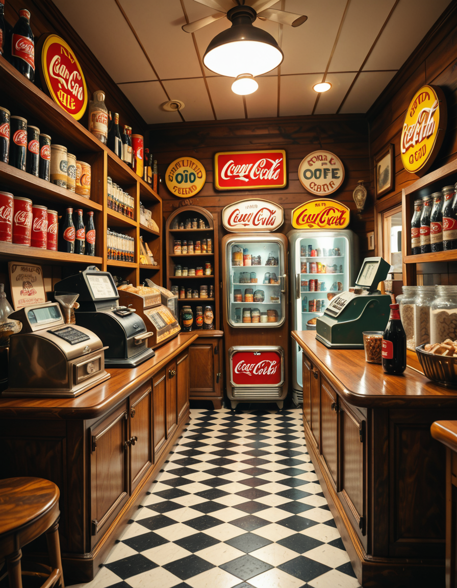 A vintage 1950s grocery store filled with nostalgic details. Wooden shelves neatly stocked with classic canned goods, glass soda bottles, and colorful retro packaging. An old-fashioned cash register sits on the wooden counter, next to a small scale for weighing produce. The checkered black-and-white tile floor adds to the mid-century charm, while hand-painted signs on the walls advertise milk, bread, and coffee in bold, retro fonts. A display of penny candy in glass jars sits near the entrance, and a vintage Coca-Cola refrigerator hums in the background. Soft, warm lighting casts a nostalgic glow over the scene, enhancing the rich textures of wood, glass, and metal, capturing the essence of a bygone era.
<lora:SDXLFaeTastic2400:0.4> <lora:extremely_detailed:0.4> extremely detailed
,1950s grocery st0r3, <lora:1950s_grocery_st0r3-i:1>, Masterpiece,best quality,hi res,8k,hi res,8k,award winning,(sharp focus, intricate, highly detailed),