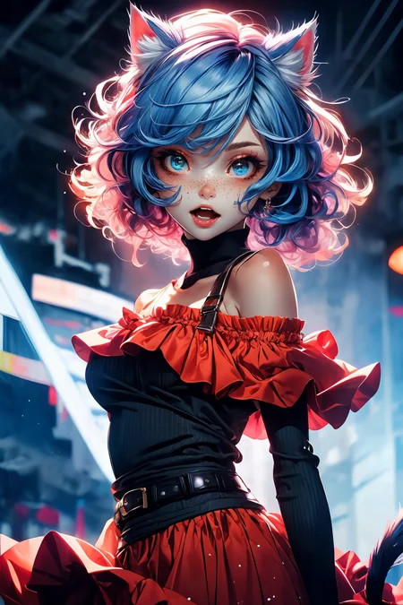 (best quality, masterpiece1.2), (detailed eye:1.2), intricate detail, depth of field, cat ear, 1girl,upper body, curly hair, fang, off shoulder, heterochromia, freckles, blush, skirt, large breasts, kneehighs, open mouth, fangs, all fours, from above, cat tail, pov, pov hands, catnip
<lora:more_details:0.4>
<lora:Cosmic anime-oil fusion v2:0.45>
<lora:AnimeVibesV3:0.55> animevibes,
<lora:3DMM_V11:0.5> 3DMM
<lora:midjourney_20230624181825:0.65> midjourney ,
<lora:LAS:0.3> cloud,colorful,
<lora:msw_locon-t2:0.5>, shiny, shiny hair, shiny skin, shiny clothes